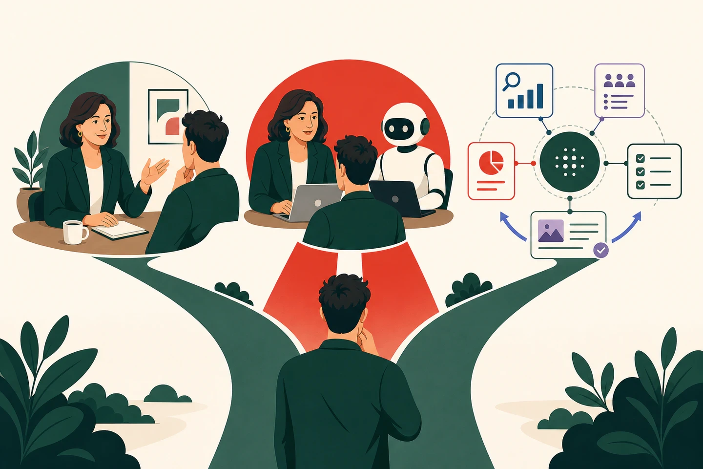 Founder comparing a human fractional marketing leader with an AI CMO operating system and a hybrid path
