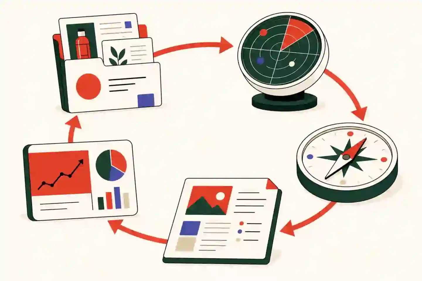 Clean editorial illustration of an AI CMO turning business context and market signals into reviewed marketing work