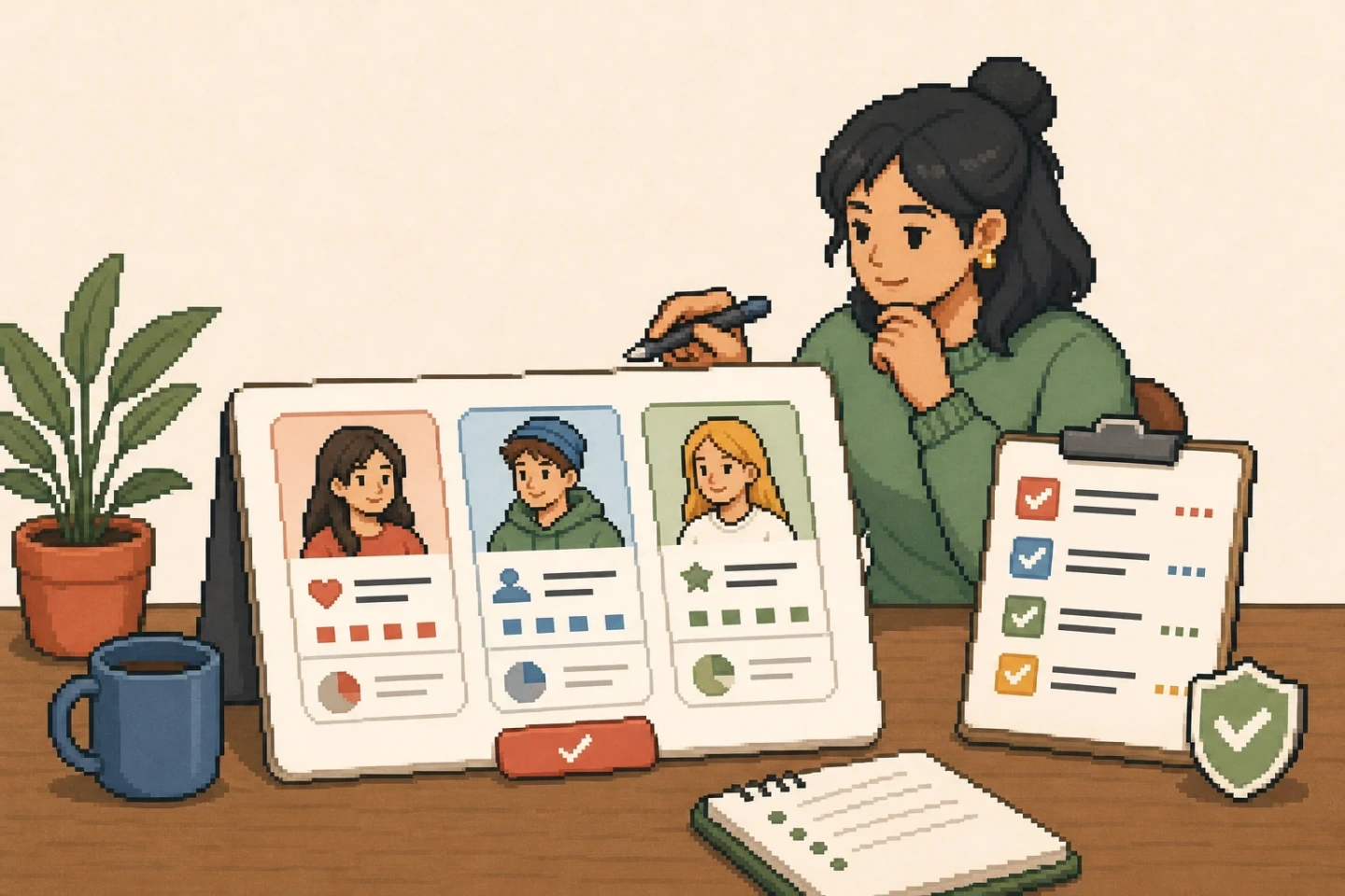 Marketer reviewing creator profiles, audience quality, contact readiness, and a shortlist checklist