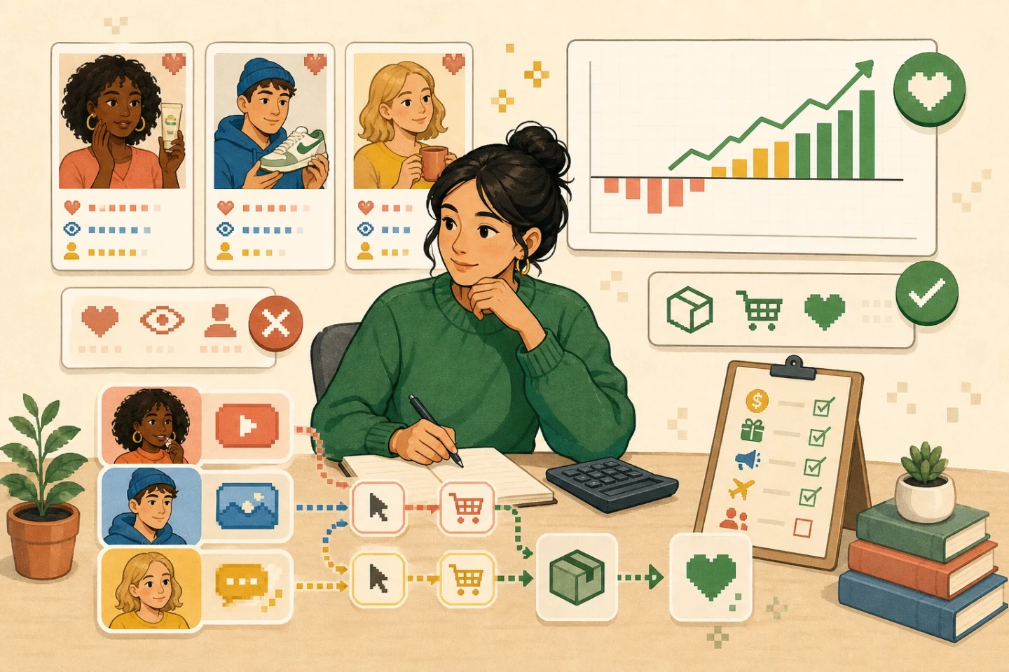 Marketing analyst measuring influencer marketing ROI with creator campaign costs, attribution paths, and a profit chart