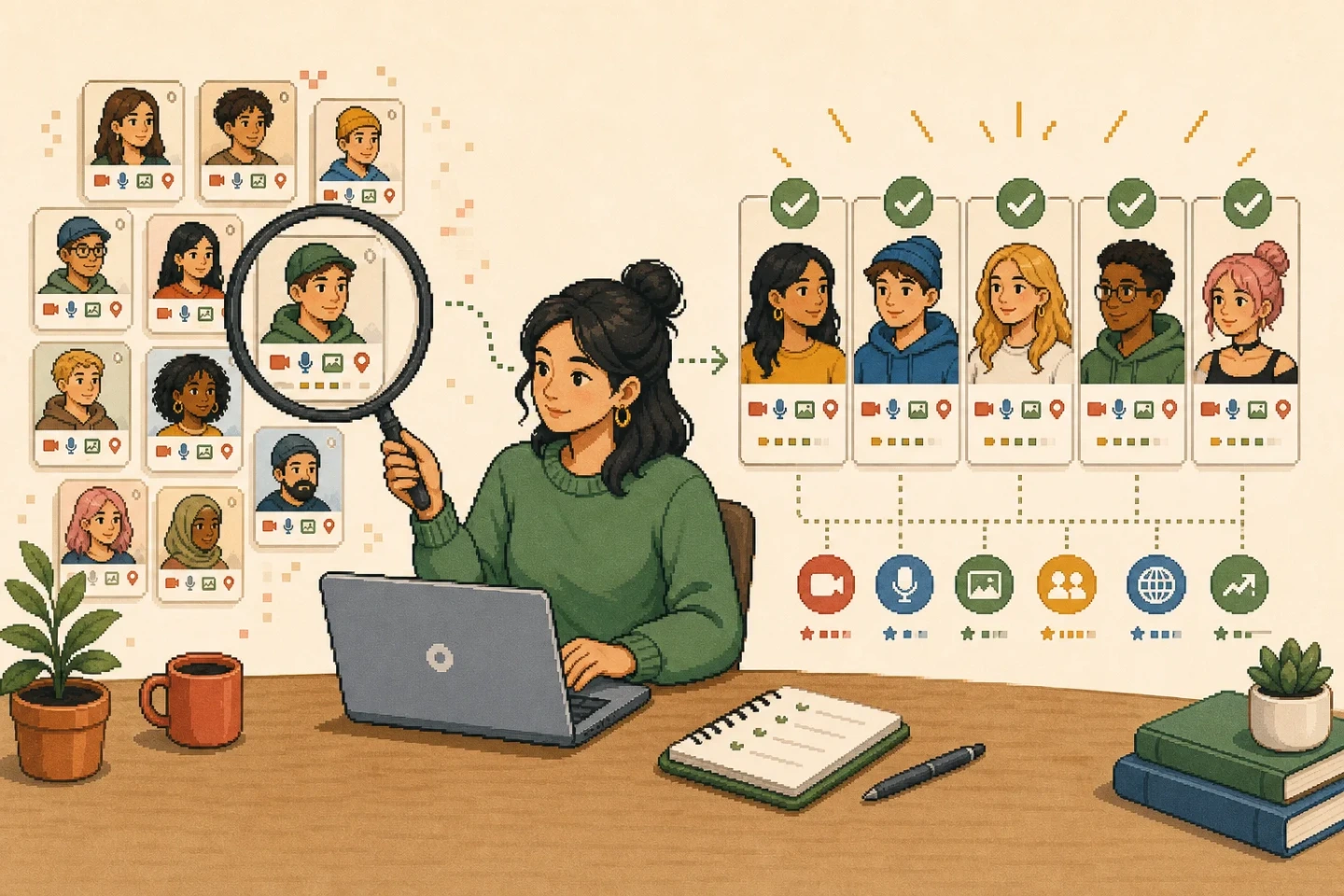 Marketer using an influencer search tool to narrow many creator profiles into a qualified five-person shortlist