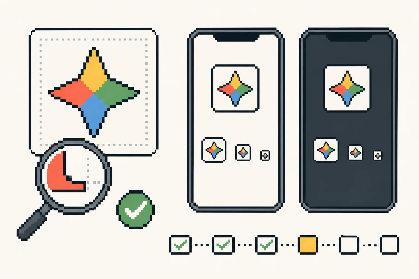 8bit app icon visual QA scene comparing large and small previews on light and dark device backgrounds.