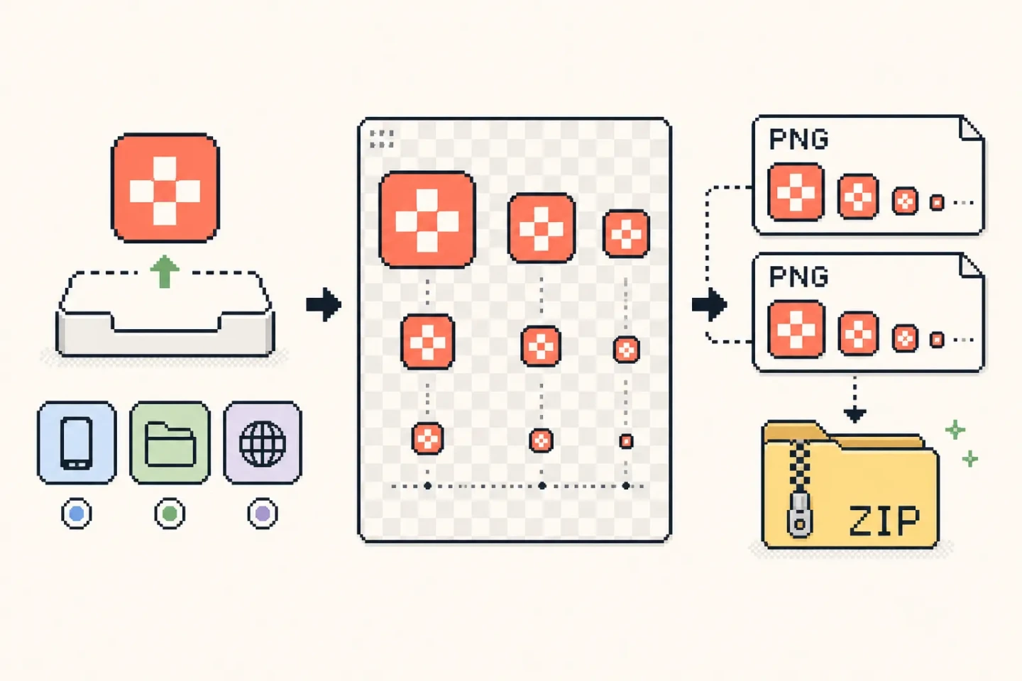 8bit workflow scene showing upload, package scope, resize preview, and ZIP export.