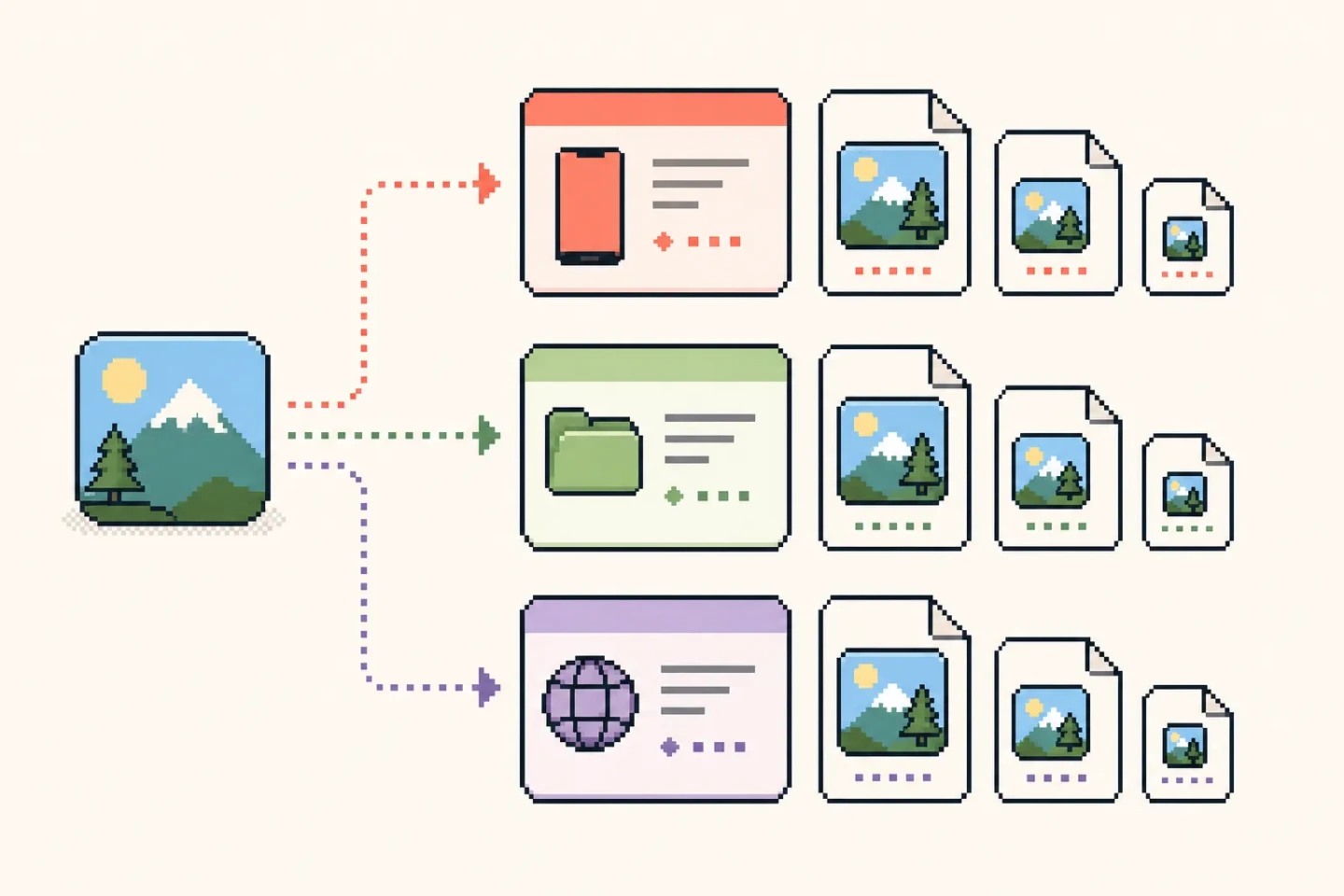 8bit scene showing neutral package choices for app icon platform outputs.