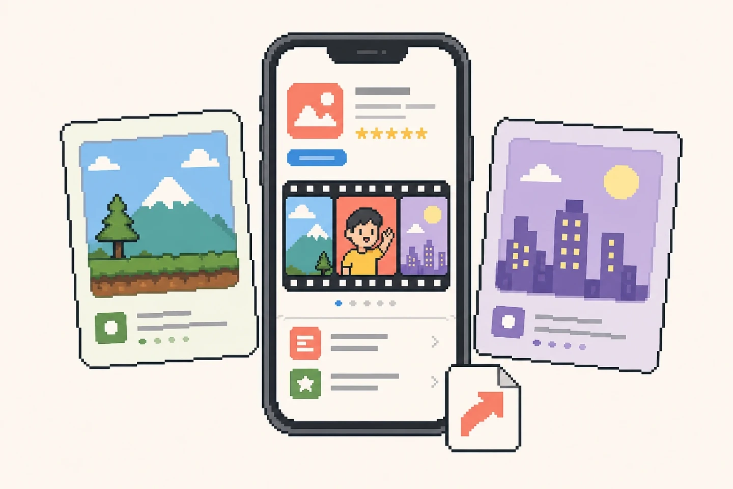 App store listing image export bundle with phone screenshots, a feature graphic, PNG files, and SVG files.