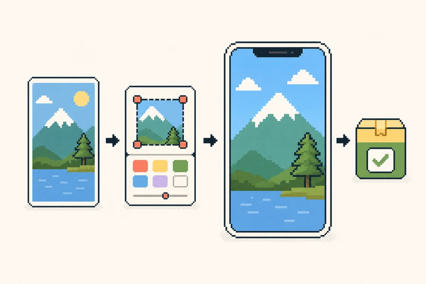 Product and design team arranging app store listing assets, screenshot boards, feature graphics, colors, and export folders.