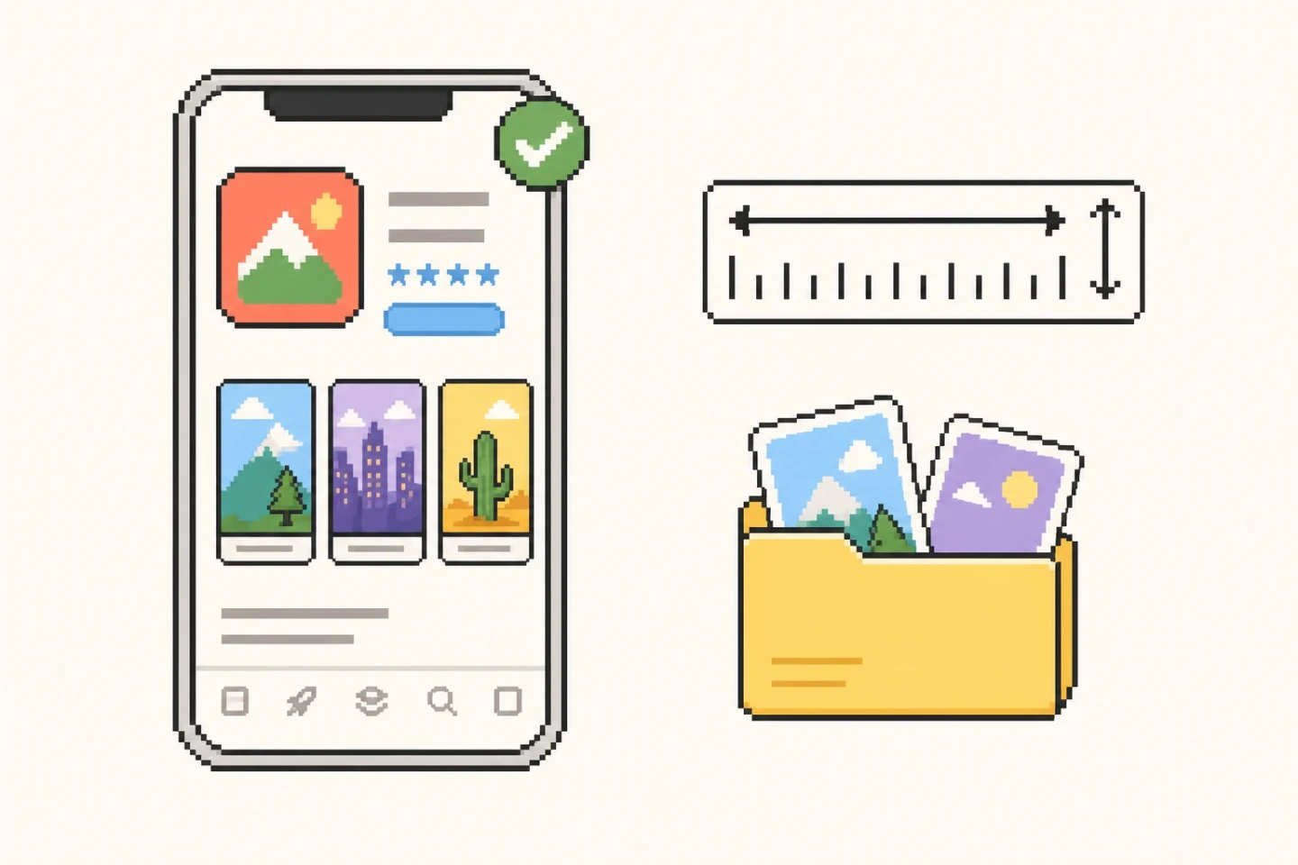 Product and design team arranging app store listing assets, screenshot boards, feature graphics, colors, and export folders.
