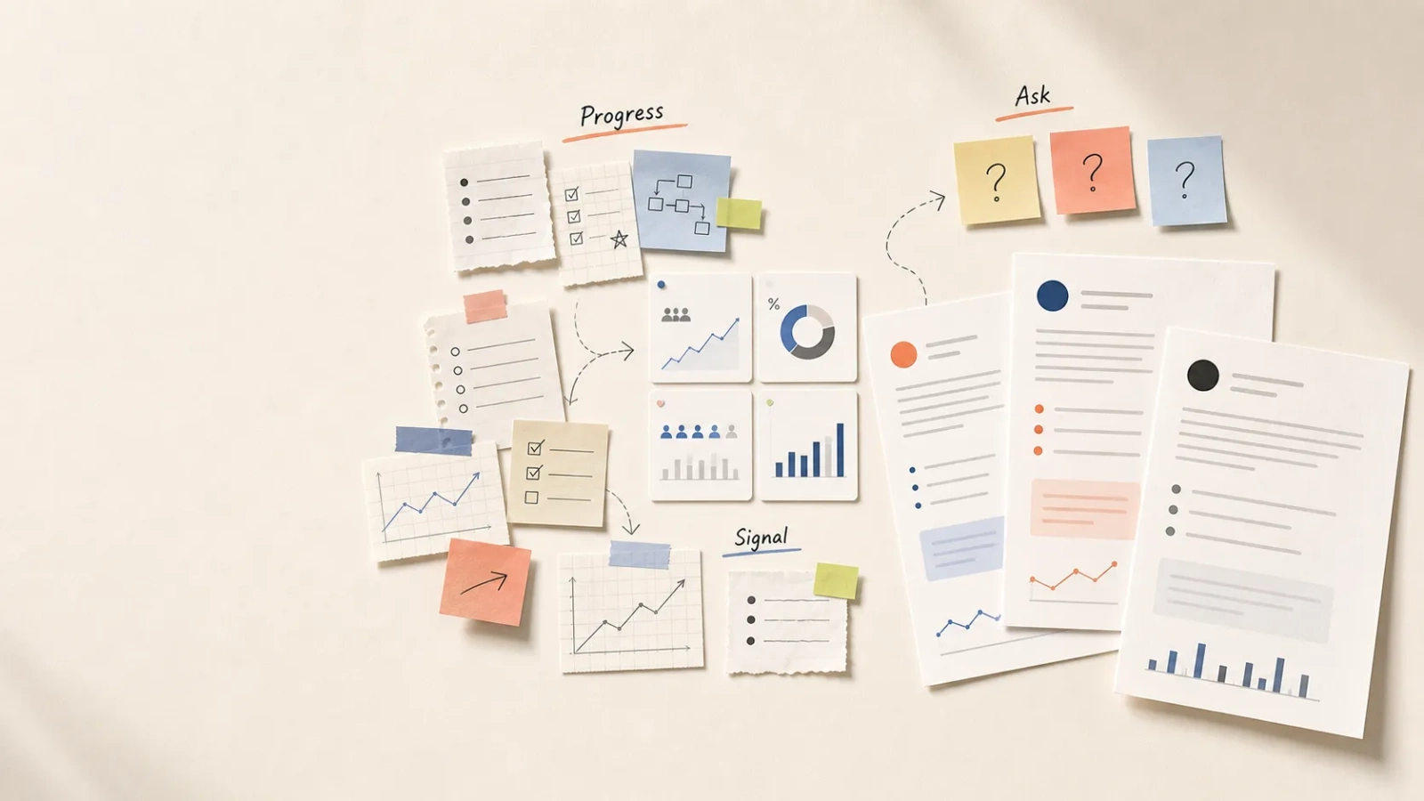 Founder progress, GTM assumptions, metrics, and open questions organized into transparent community story material.