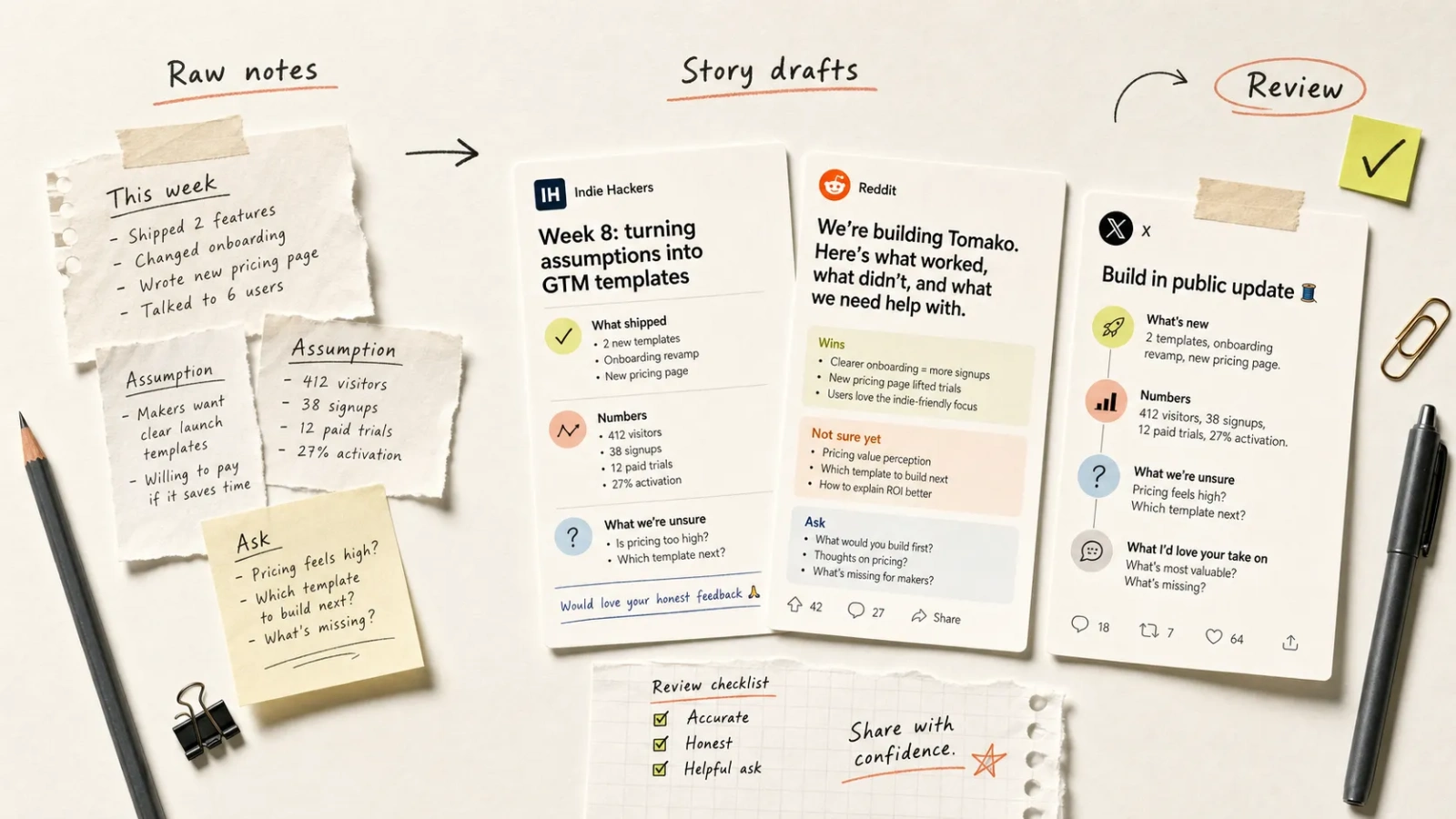 A public story draft with evidence, risk, and feedback-question review markers.