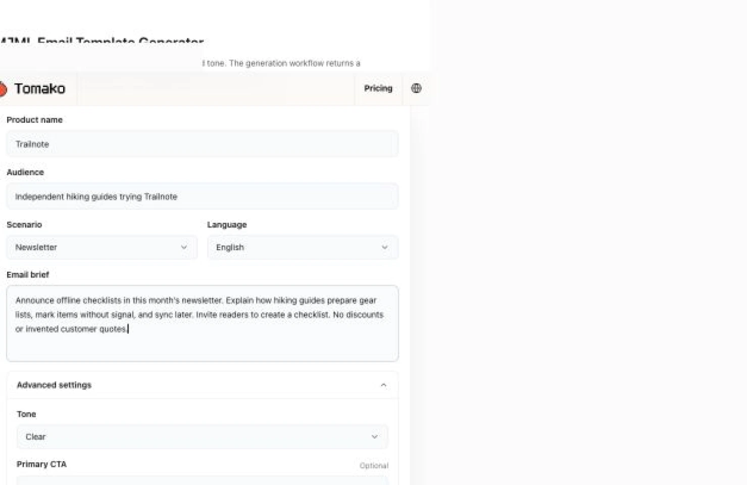 在工具中填写的真实简报示例:示例产品 Trailnote 的功能通讯。