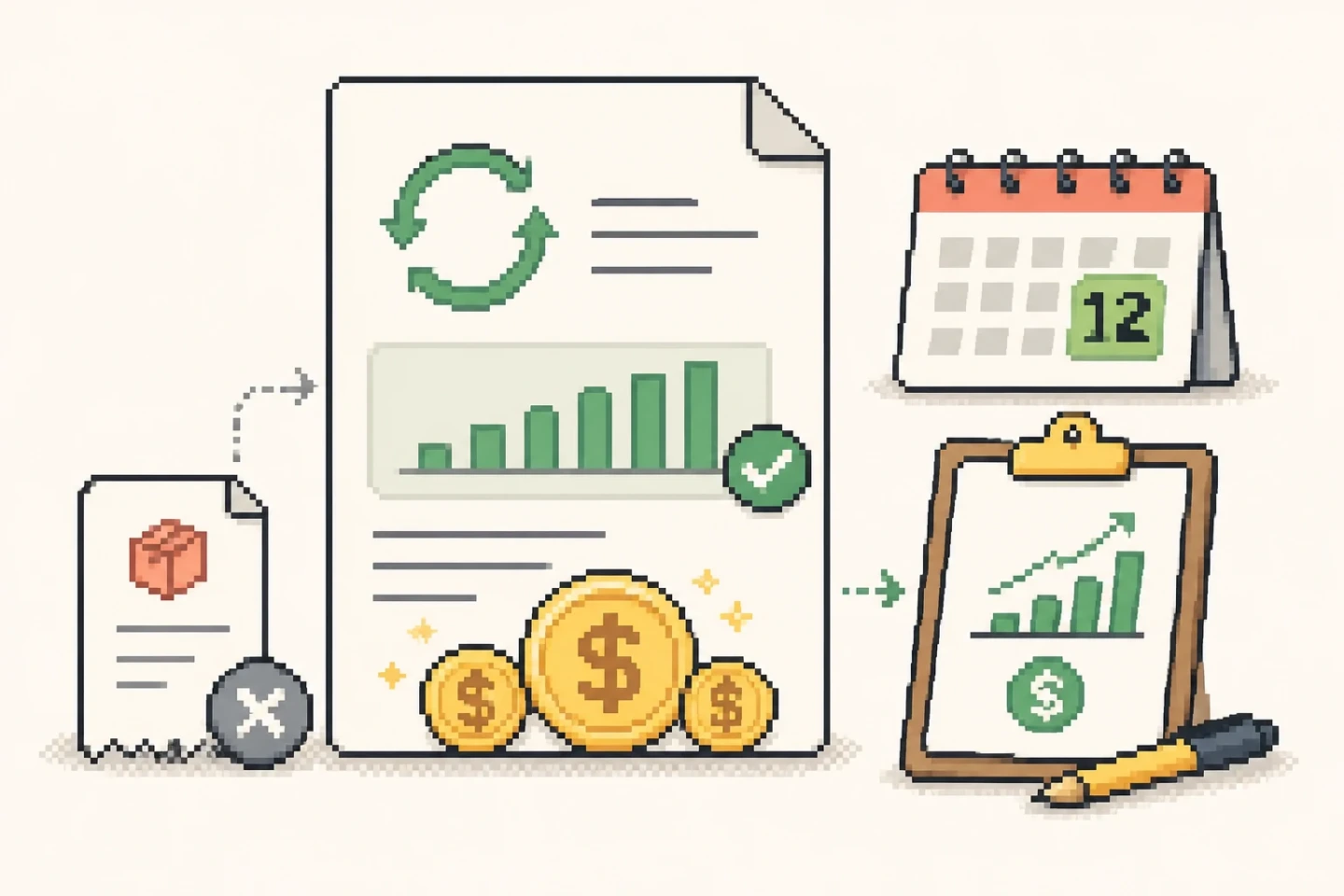 Pixel-art recurring revenue report separating subscription movements from one-time charges.