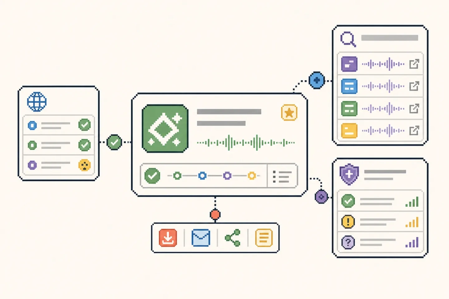 Pixel-art candidate review visual showing domain, search, and trademark pre-screening signals.