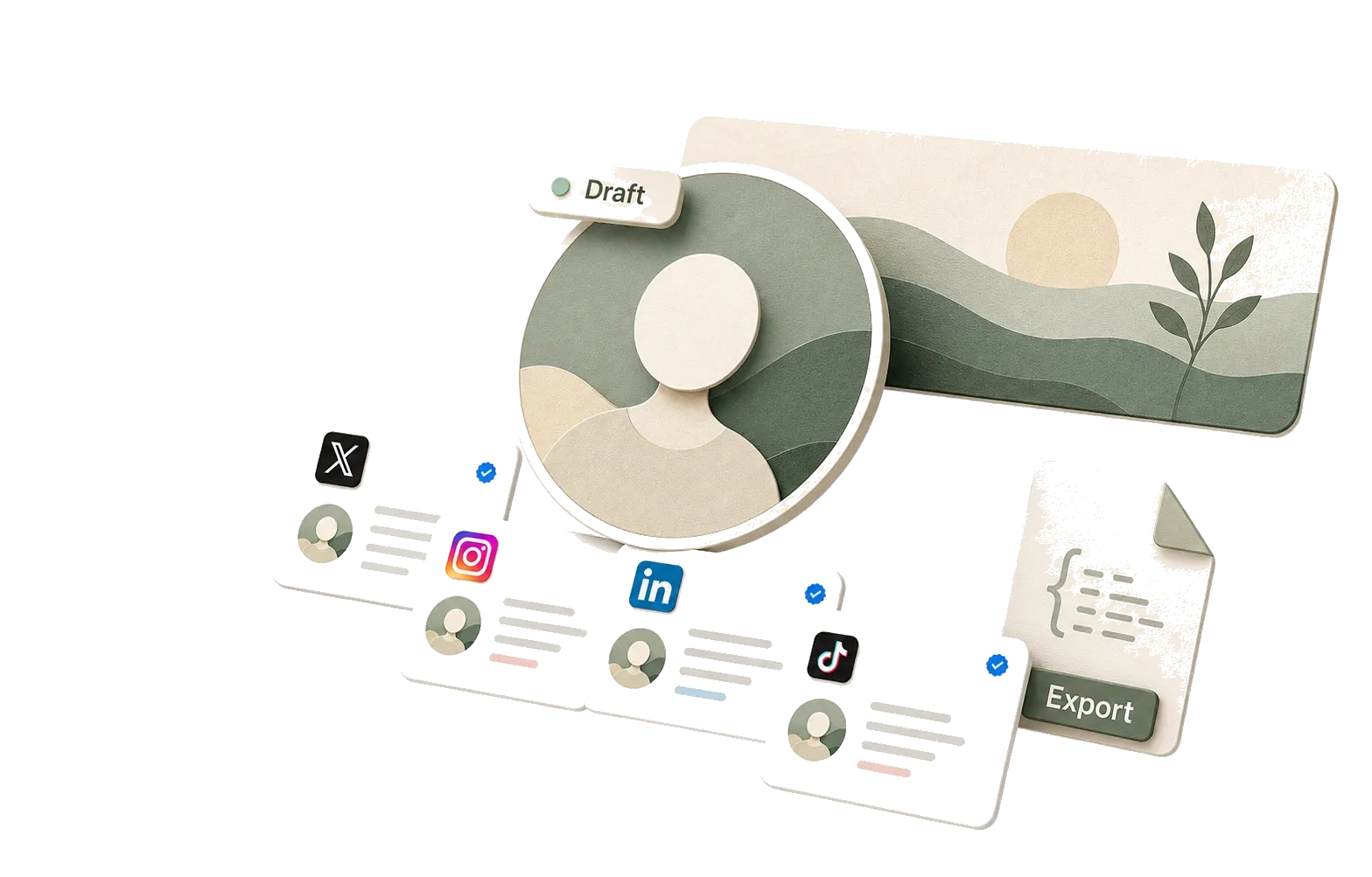 A visual bundle of multi-platform profile drafts, avatar direction, banner draft, and export file.