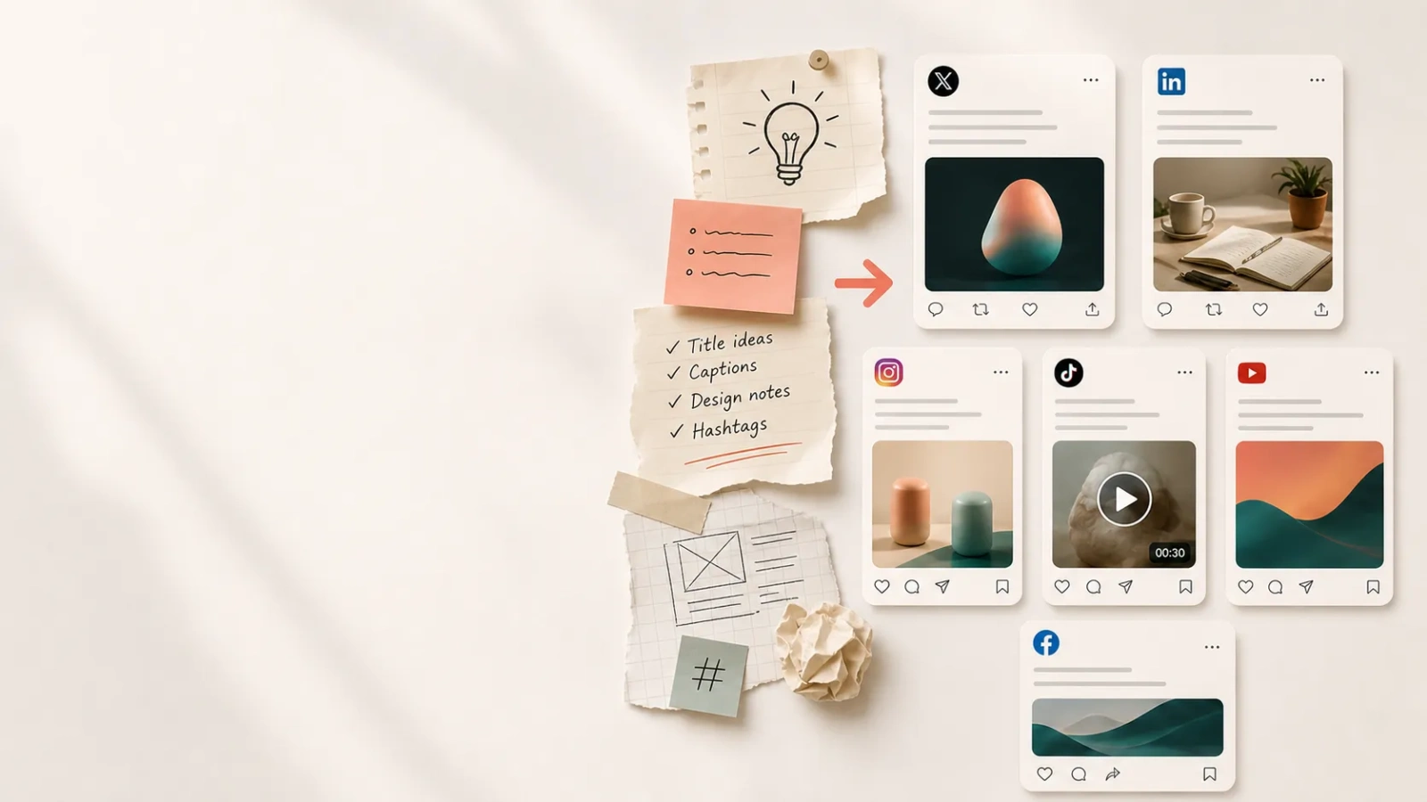 One social image adapted into multiple platform sizes with titles, captions, tags, and review checks.