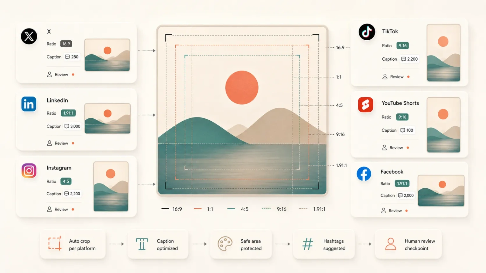 Social asset cards with platform ratios, safe framing, and human review markers.