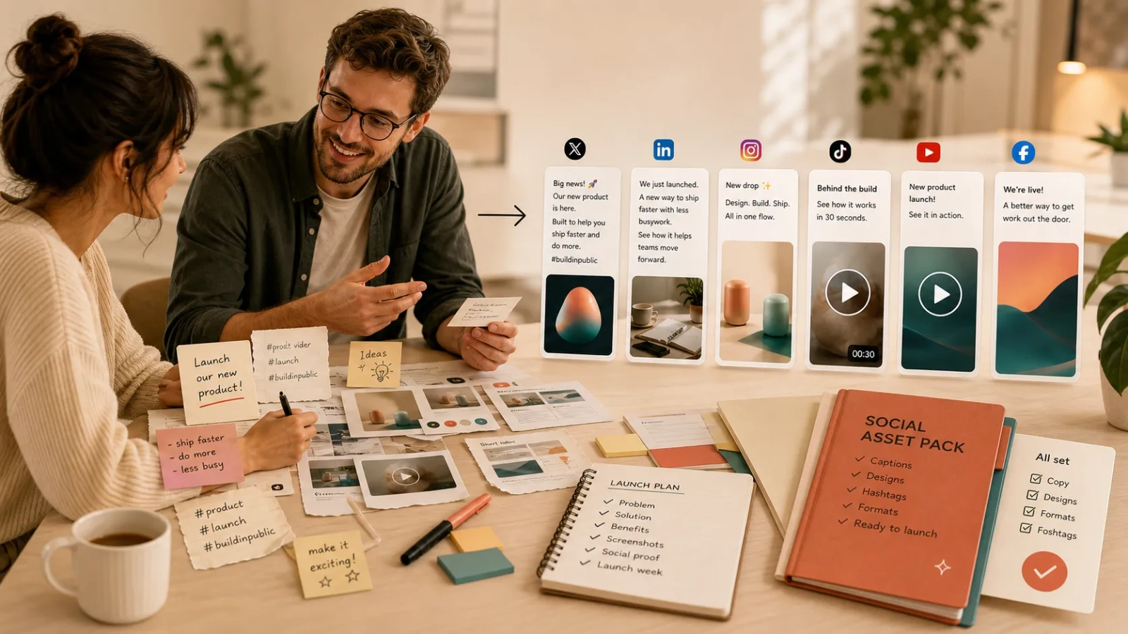 Platform-specific social assets moving into a launch calendar and human review checklist.