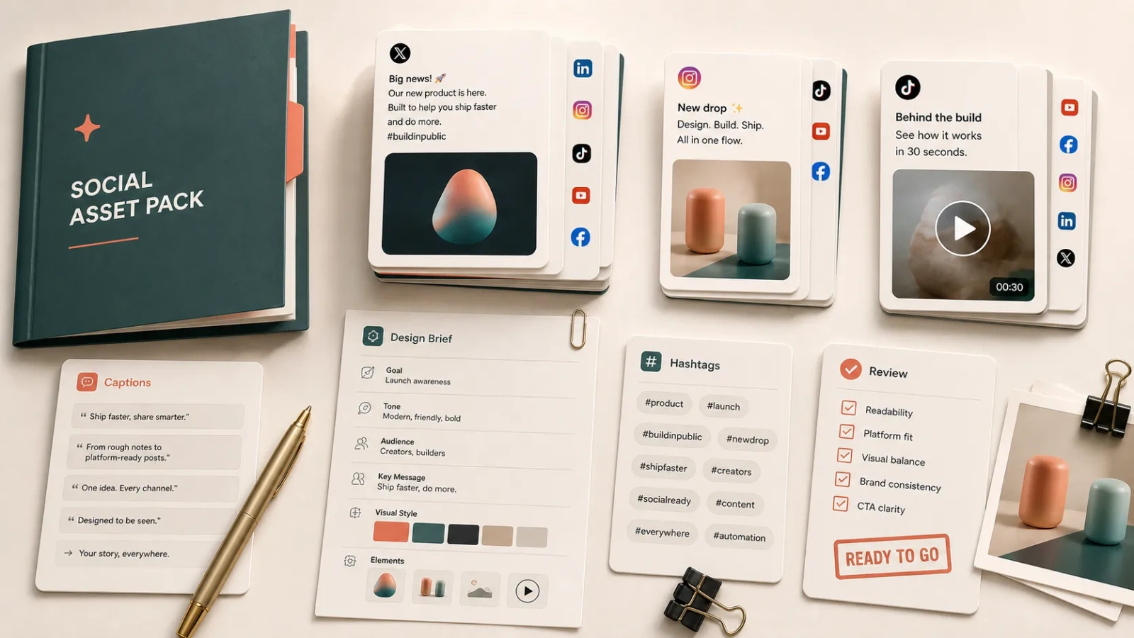 Product screenshots and cover images adapted into social platform asset packs.