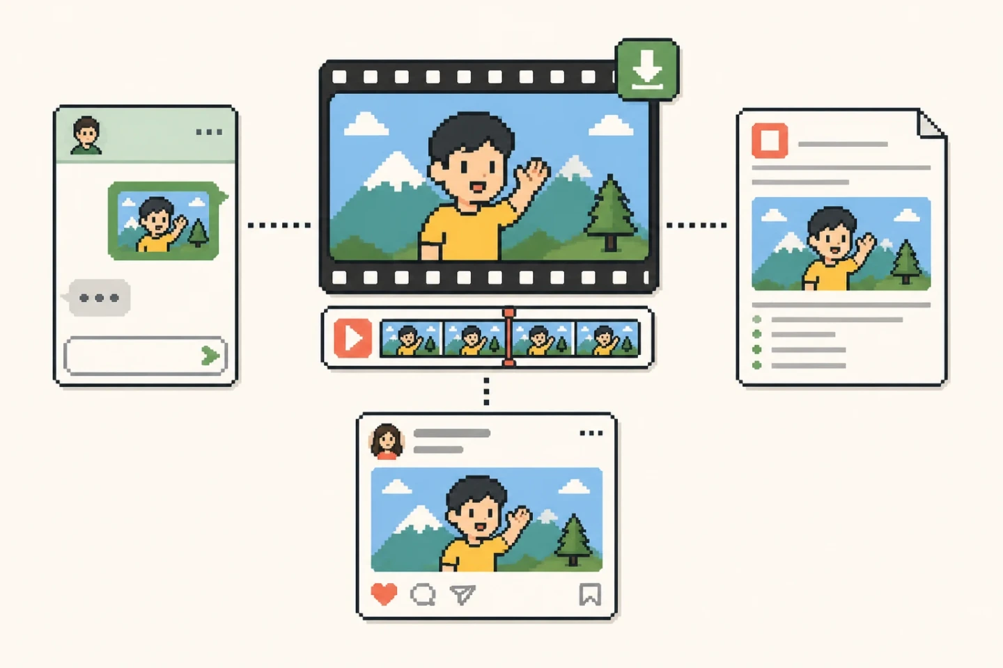 Downloaded GIF, MP4, and archive assets arranged as a reusable media kit