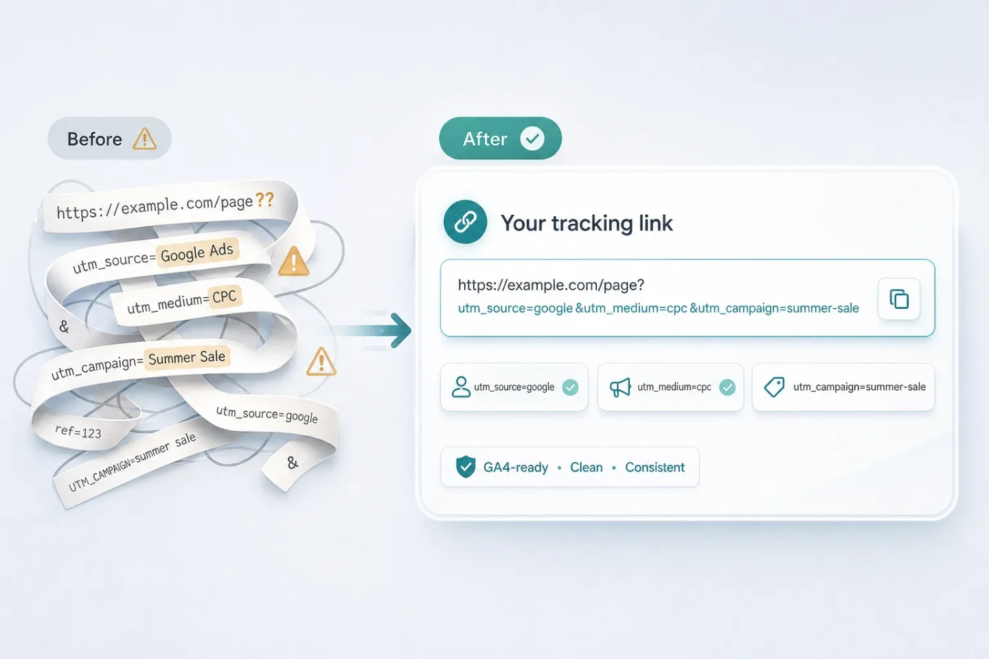 A messy hand-built link compared with a clean normalized campaign URL.
